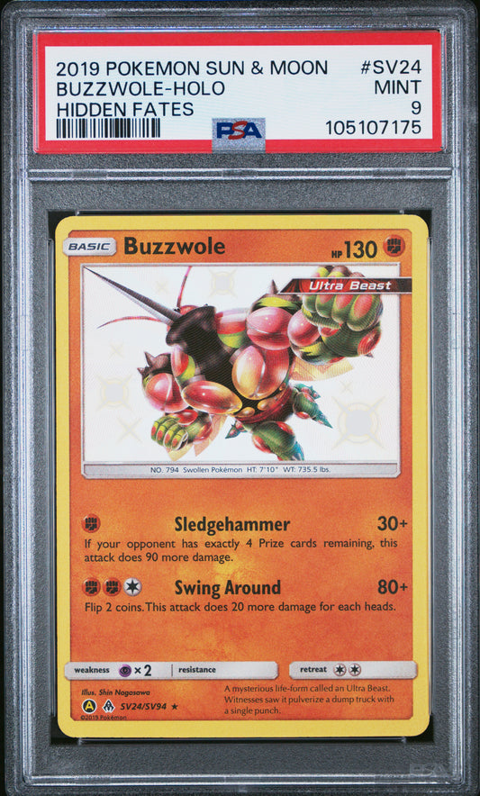 BUZZWOLE-HOLO SV24/SV94 Common POKEMON SUN & MOON HIDDEN FATES HIDDEN FATES PSA9 MINT 9 PSA population 442 <a href=https://www.psacard.com/cert/105107175/psa>https://www.psacard.com/cert/105107175/psa</a>