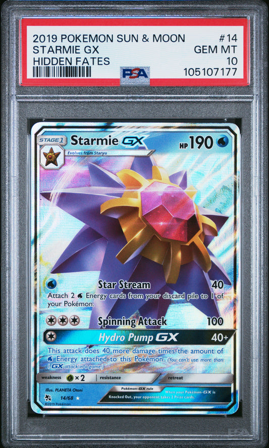 STARMIE GX 14/68 Common POKEMON SUN & MOON HIDDEN FATES HIDDEN FATES PSA10 GEM MT 10 PSA population 787 <a href=https://www.psacard.com/cert/105107177/psa>https://www.psacard.com/cert/105107177/psa</a>