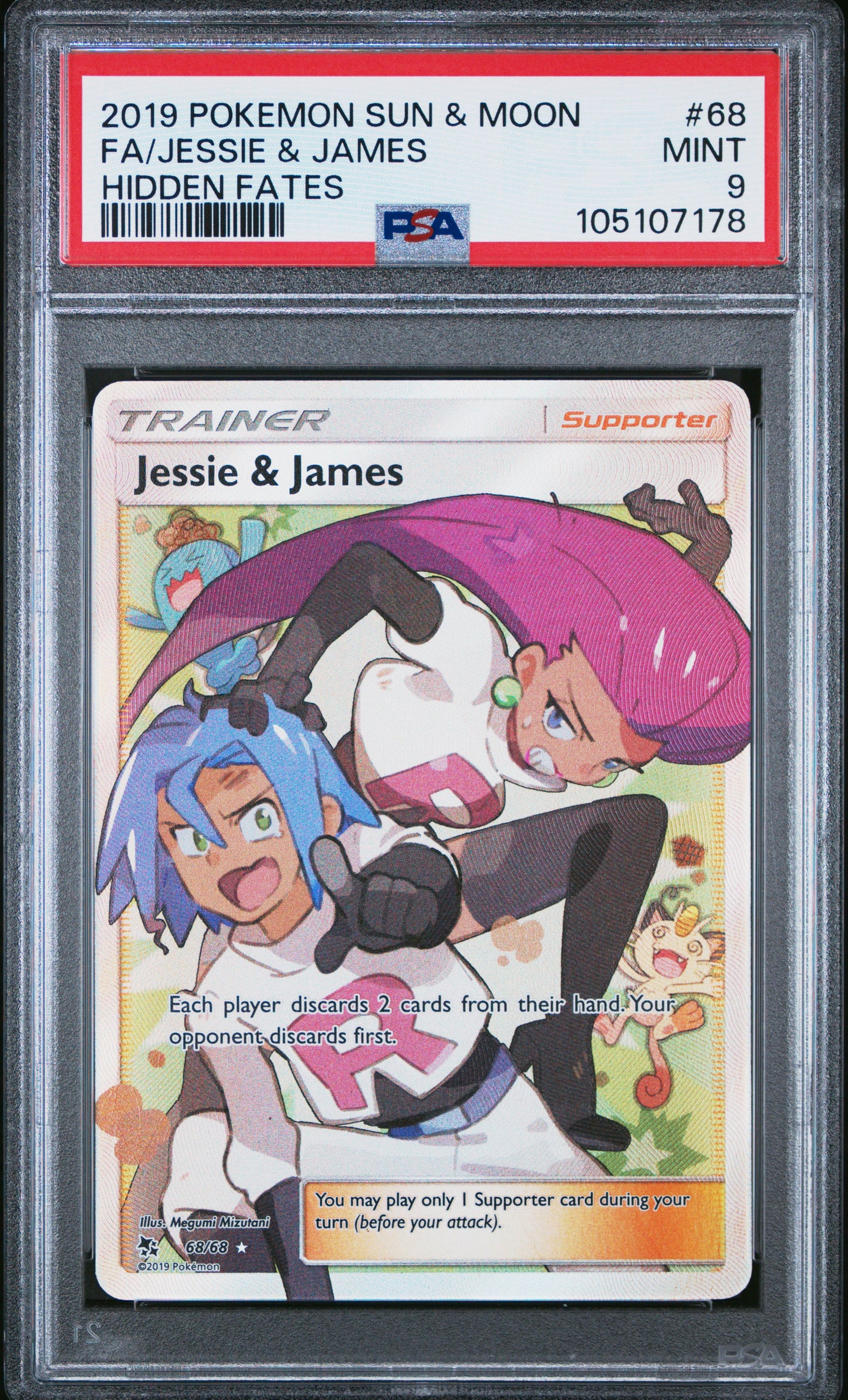 FA/JESSIE & JAMES 68/68 Common POKEMON SUN & MOON HIDDEN FATES HIDDEN FATES PSA9 MINT 9 PSA population 5520 <a href=https://www.psacard.com/cert/105107178/psa>https://www.psacard.com/cert/105107178/psa</a>