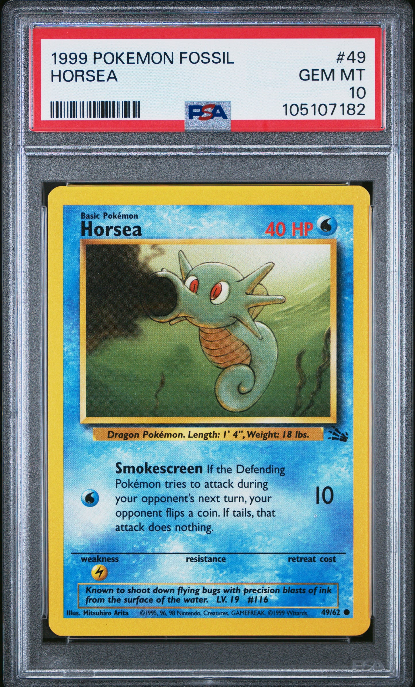HORSEA 49/62 Common POKEMON FOSSIL PSA10 GEM MT 10 PSA population 148 <a href=https://www.psacard.com/cert/105107182/psa>https://www.psacard.com/cert/105107182/psa</a>