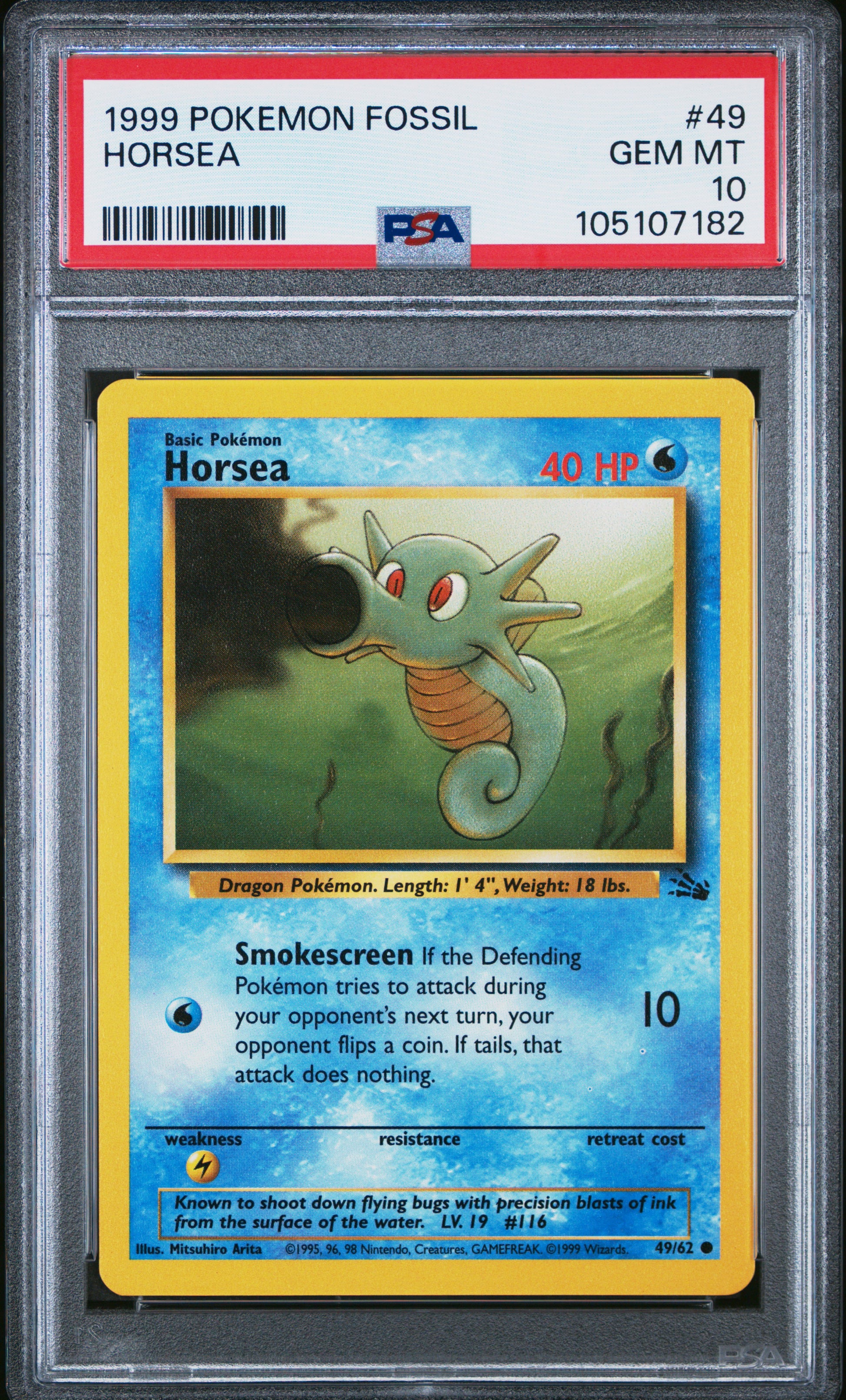 HORSEA 49/62 Common POKEMON FOSSIL PSA10 GEM MT 10 PSA population 148 <a href=https://www.psacard.com/cert/105107182/psa>https://www.psacard.com/cert/105107182/psa</a>