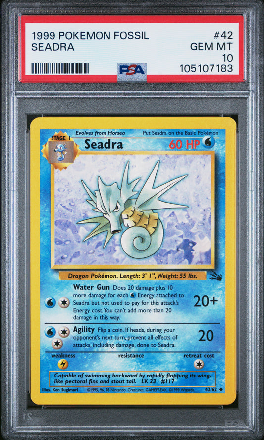 SEADRA 42/62 Common POKEMON FOSSIL PSA10 GEM MT 10 PSA population 86 <a href=https://www.psacard.com/cert/105107183/psa>https://www.psacard.com/cert/105107183/psa</a>