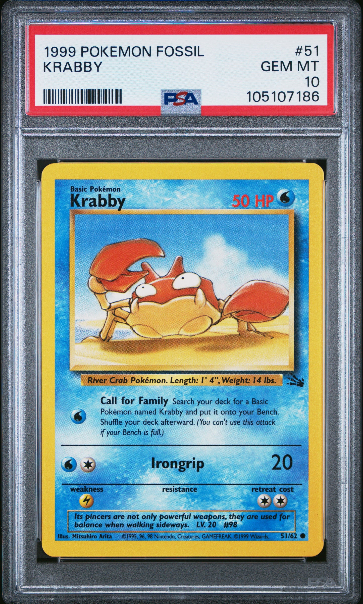 KRABBY 51/62 Common POKEMON FOSSIL PSA10 GEM MT 10 PSA population 195 <a href=https://www.psacard.com/cert/105107186/psa>https://www.psacard.com/cert/105107186/psa</a>