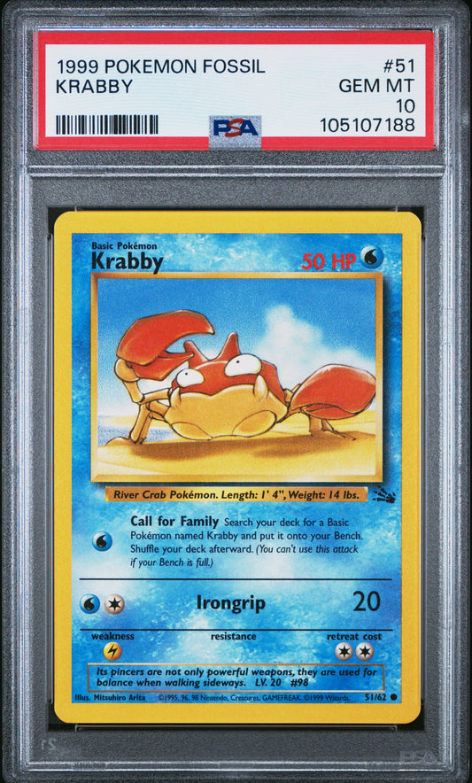 KRABBY 51/62 Common POKEMON FOSSIL PSA10 GEM MT 10 PSA population 195 <a href=https://www.psacard.com/cert/105107188/psa>https://www.psacard.com/cert/105107188/psa</a>