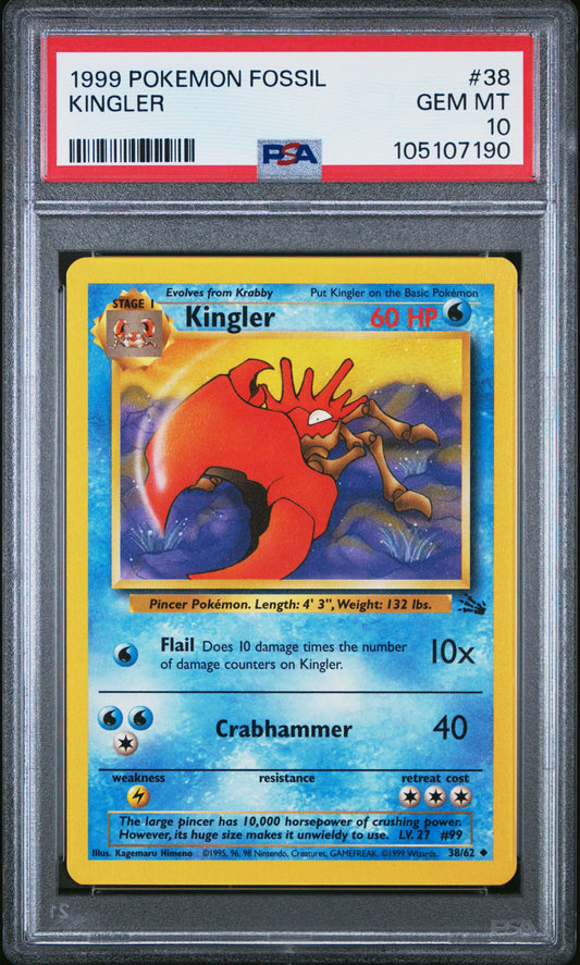 KINGLER 38/62 Common POKEMON FOSSIL PSA10 GEM MT 10 PSA population 108 <a href=https://www.psacard.com/cert/105107190/psa>https://www.psacard.com/cert/105107190/psa</a>
