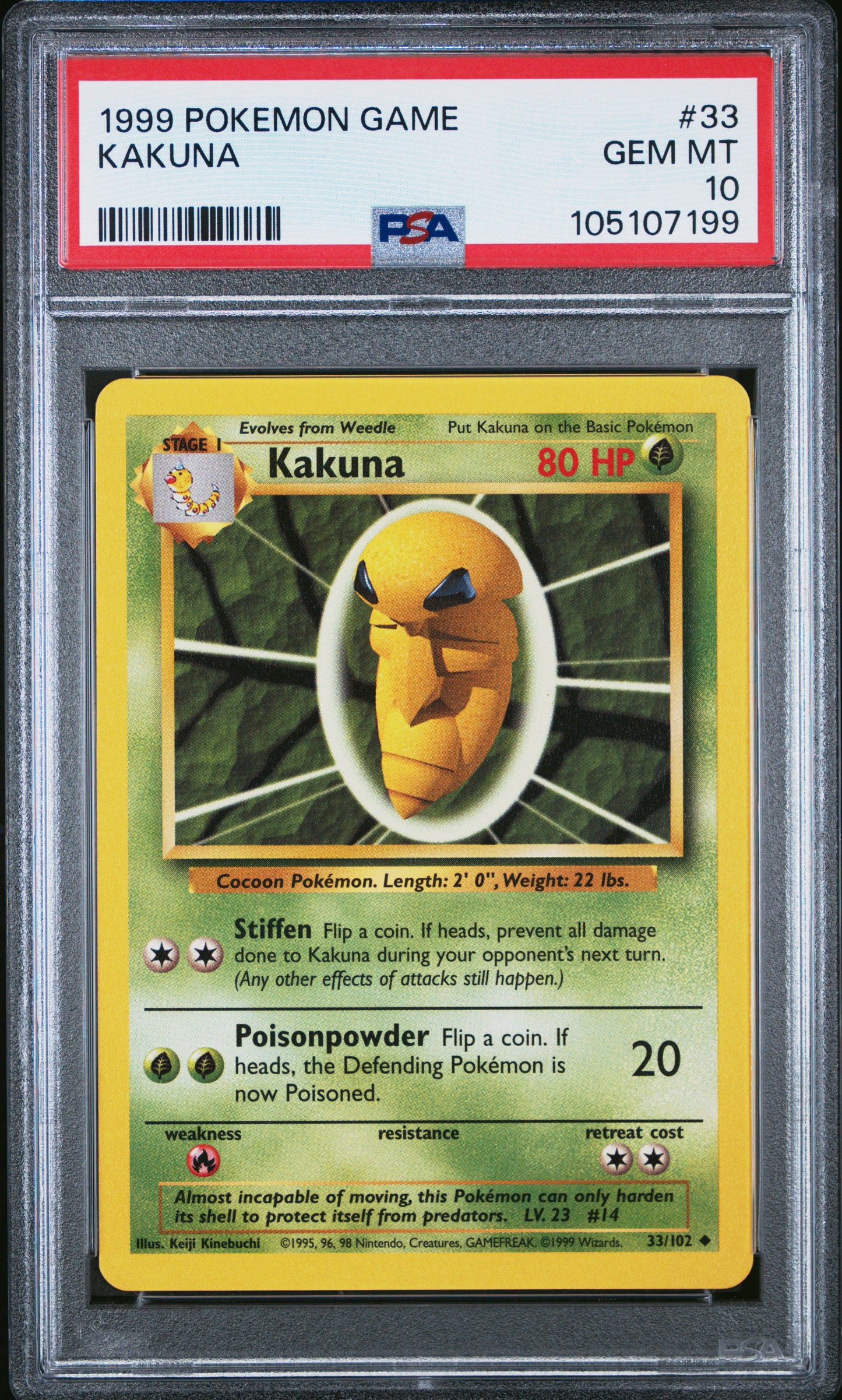 KAKUNA 33/102 Unlimited POKEMON GAME PSA10 GEM MT 10 PSA population 261 <a href=https://www.psacard.com/cert/105107199/psa>https://www.psacard.com/cert/105107199/psa</a>