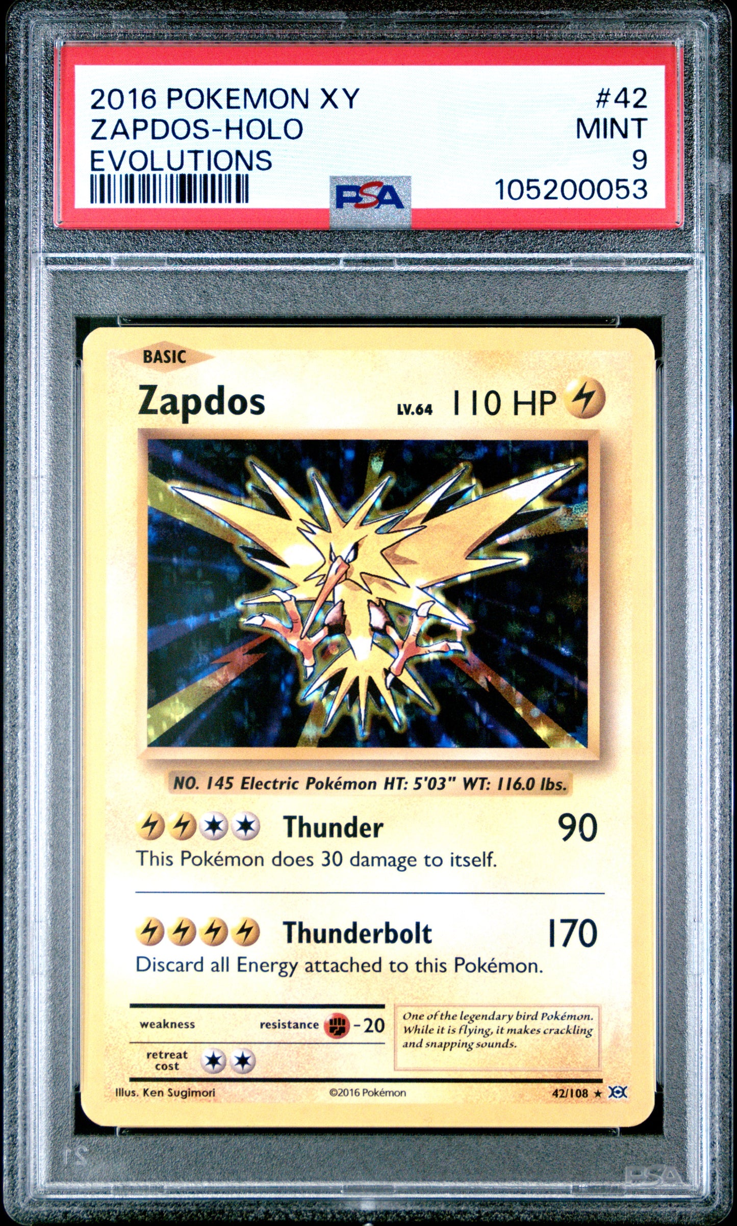 ZAPDOS-HOLO 42/108 Common POKEMON XY EVOLUTIONS EVOLUTIONS PSA9 MINT 9 PSA population 2792 <a href=https://www.psacard.com/cert/105200053/psa>https://www.psacard.com/cert/105200053/psa</a>