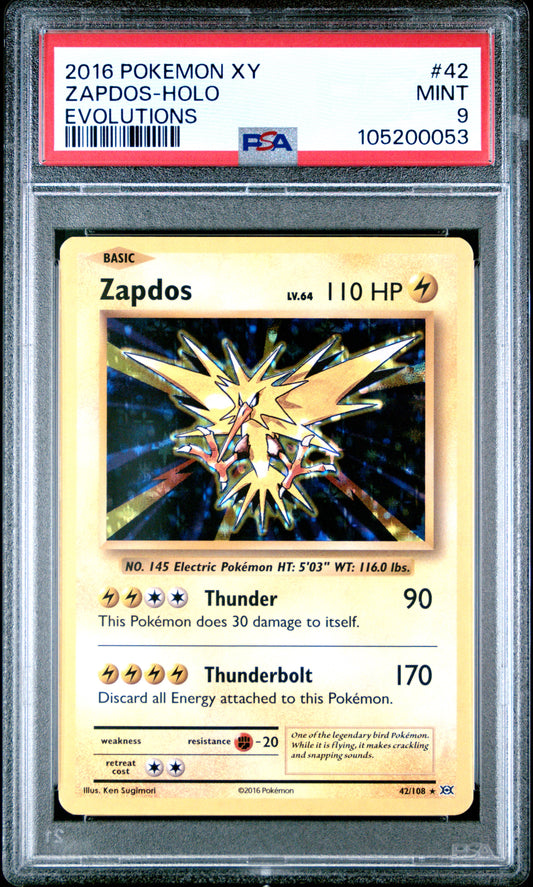 ZAPDOS-HOLO 42/108 Common POKEMON XY EVOLUTIONS EVOLUTIONS PSA9 MINT 9 PSA population 2792 <a href=https://www.psacard.com/cert/105200053/psa>https://www.psacard.com/cert/105200053/psa</a>