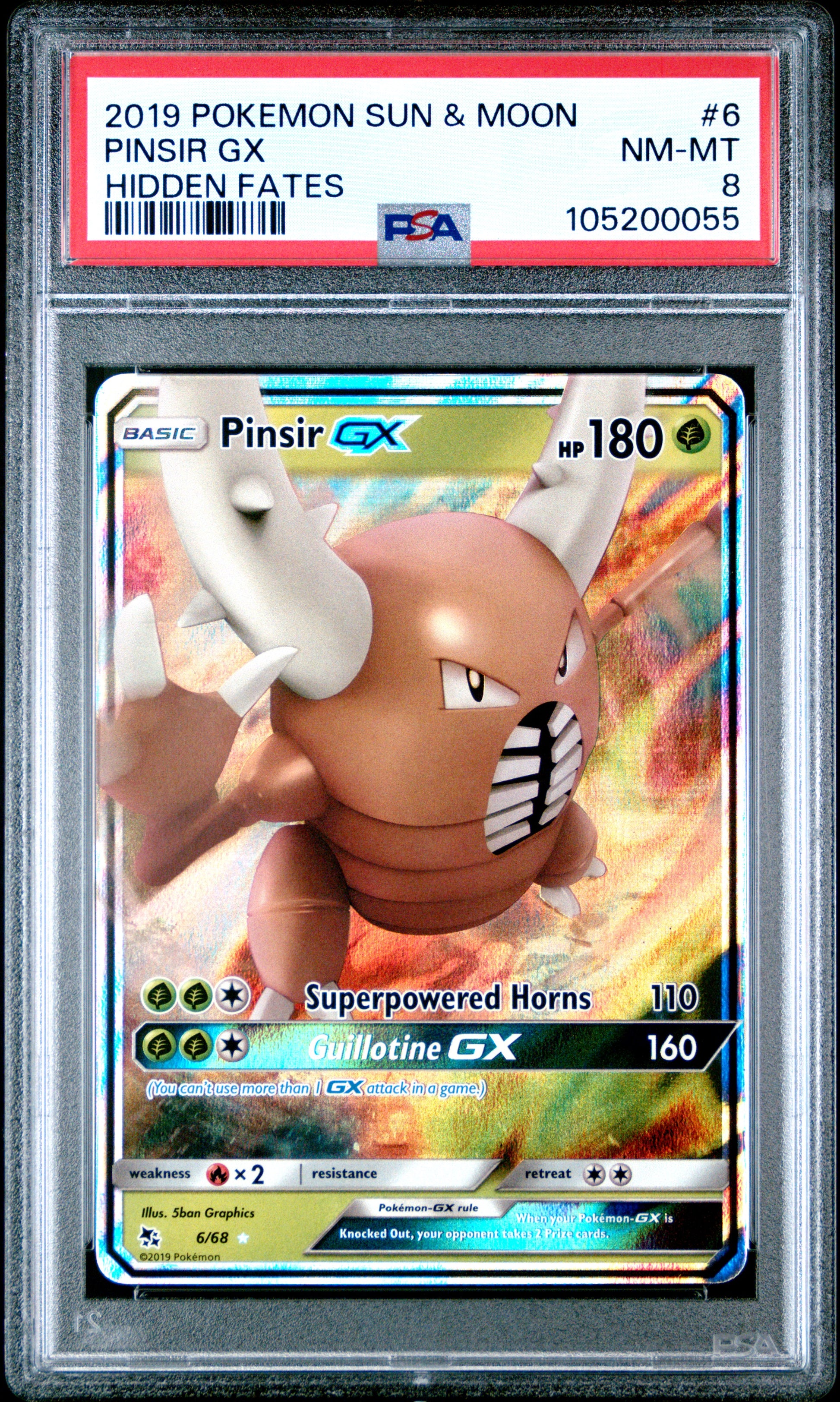 PINSIR GX 6/68 Common POKEMON SUN & MOON HIDDEN FATES HIDDEN FATES PSA8 NM-MT 8 PSA population 52 <a href=https://www.psacard.com/cert/105200055/psa>https://www.psacard.com/cert/105200055/psa</a>
