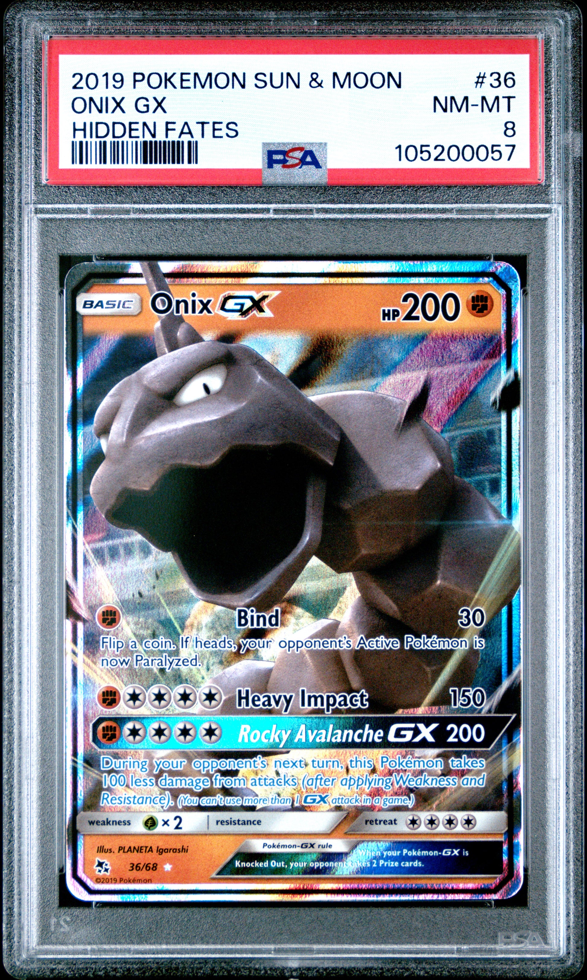 ONIX GX 36/68 Common POKEMON SUN & MOON HIDDEN FATES HIDDEN FATES PSA8 NM-MT 8 PSA population 66 <a href=https://www.psacard.com/cert/105200057/psa>https://www.psacard.com/cert/105200057/psa</a>