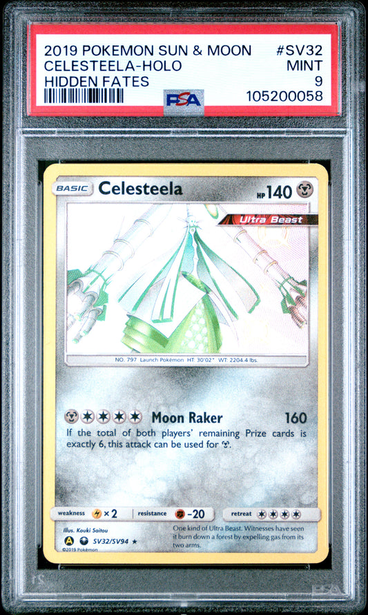 CELESTEELA-HOLO SV32/SV94 Common POKEMON SUN & MOON HIDDEN FATES HIDDEN FATES PSA9 MINT 9 PSA population 400 <a href=https://www.psacard.com/cert/105200058/psa>https://www.psacard.com/cert/105200058/psa</a>