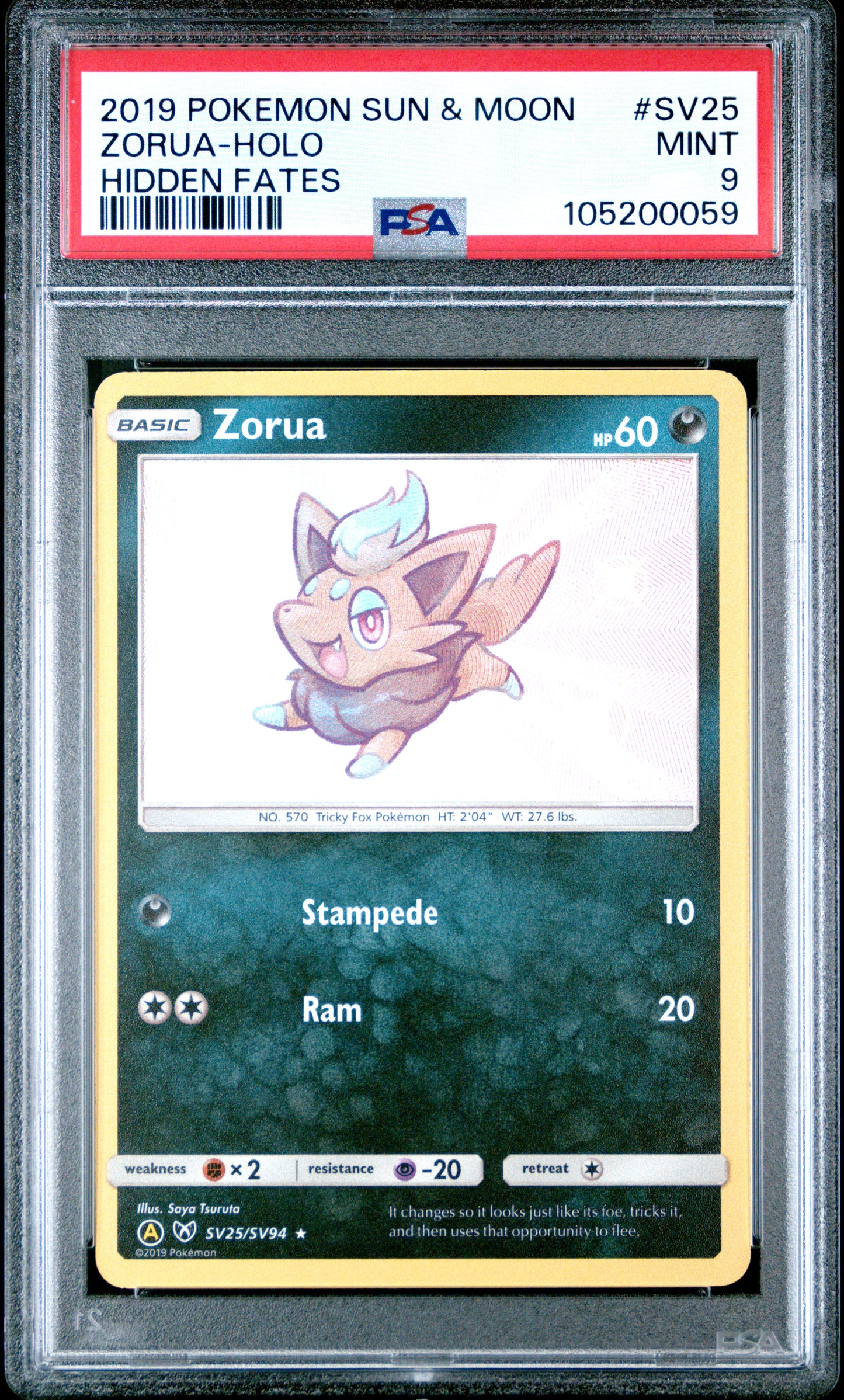 ZORUA-HOLO SV25/SV94 Common POKEMON SUN & MOON HIDDEN FATES HIDDEN FATES PSA9 MINT 9 PSA population 515 <a href=https://www.psacard.com/cert/105200059/psa>https://www.psacard.com/cert/105200059/psa</a>
