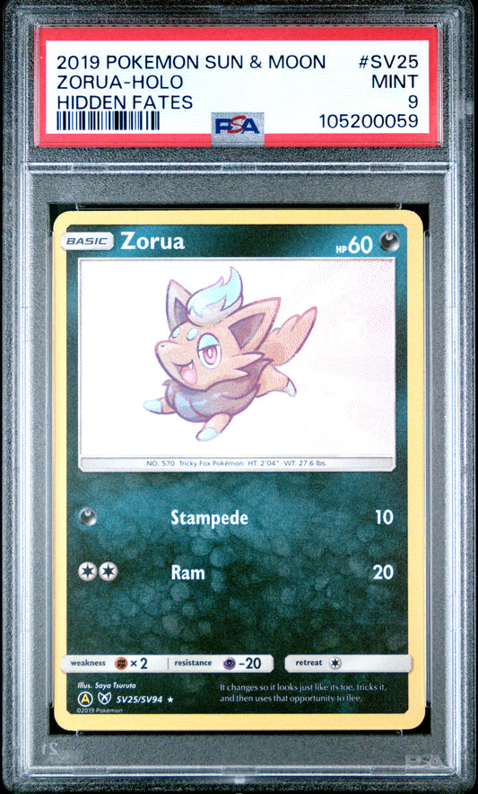 ZORUA-HOLO SV25/SV94 Common POKEMON SUN & MOON HIDDEN FATES HIDDEN FATES PSA9 MINT 9 PSA population 515 <a href=https://www.psacard.com/cert/105200059/psa>https://www.psacard.com/cert/105200059/psa</a>