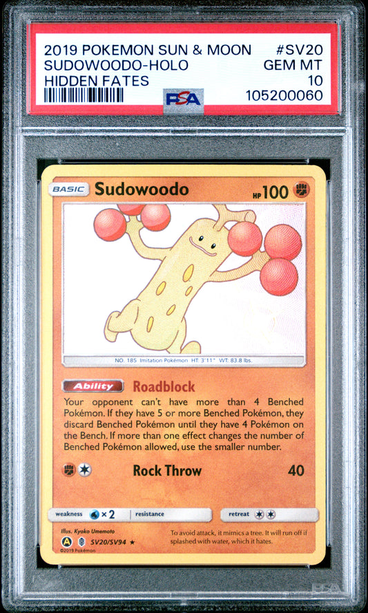 SUDOWOODO-HOLO SV20/SV94 Common POKEMON SUN & MOON HIDDEN FATES HIDDEN FATES PSA10 GEM MT 10 PSA population 1194 <a href=https://www.psacard.com/cert/105200060/psa>https://www.psacard.com/cert/105200060/psa</a>