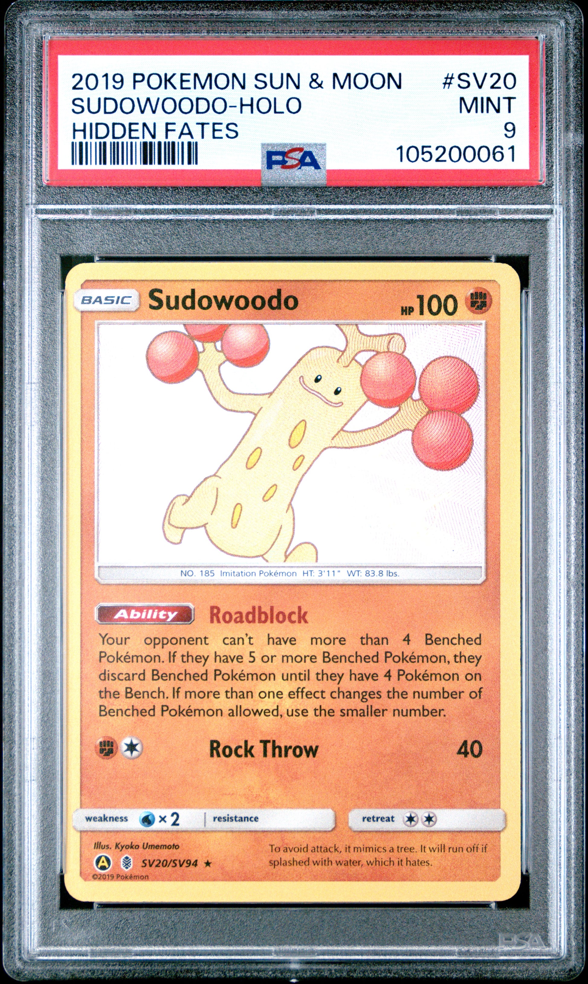 SUDOWOODO-HOLO SV20/SV94 Common POKEMON SUN & MOON HIDDEN FATES HIDDEN FATES PSA9 MINT 9 PSA population 487 <a href=https://www.psacard.com/cert/105200061/psa>https://www.psacard.com/cert/105200061/psa</a>