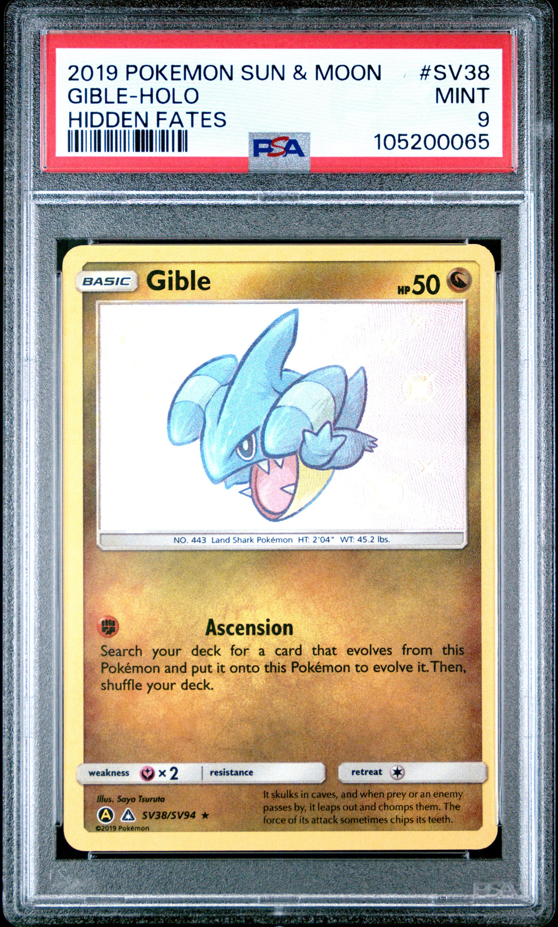 GIBLE-HOLO SV38/SV94 Common POKEMON SUN & MOON HIDDEN FATES HIDDEN FATES PSA9 MINT 9 PSA population 809 <a href=https://www.psacard.com/cert/105200065/psa>https://www.psacard.com/cert/105200065/psa</a>