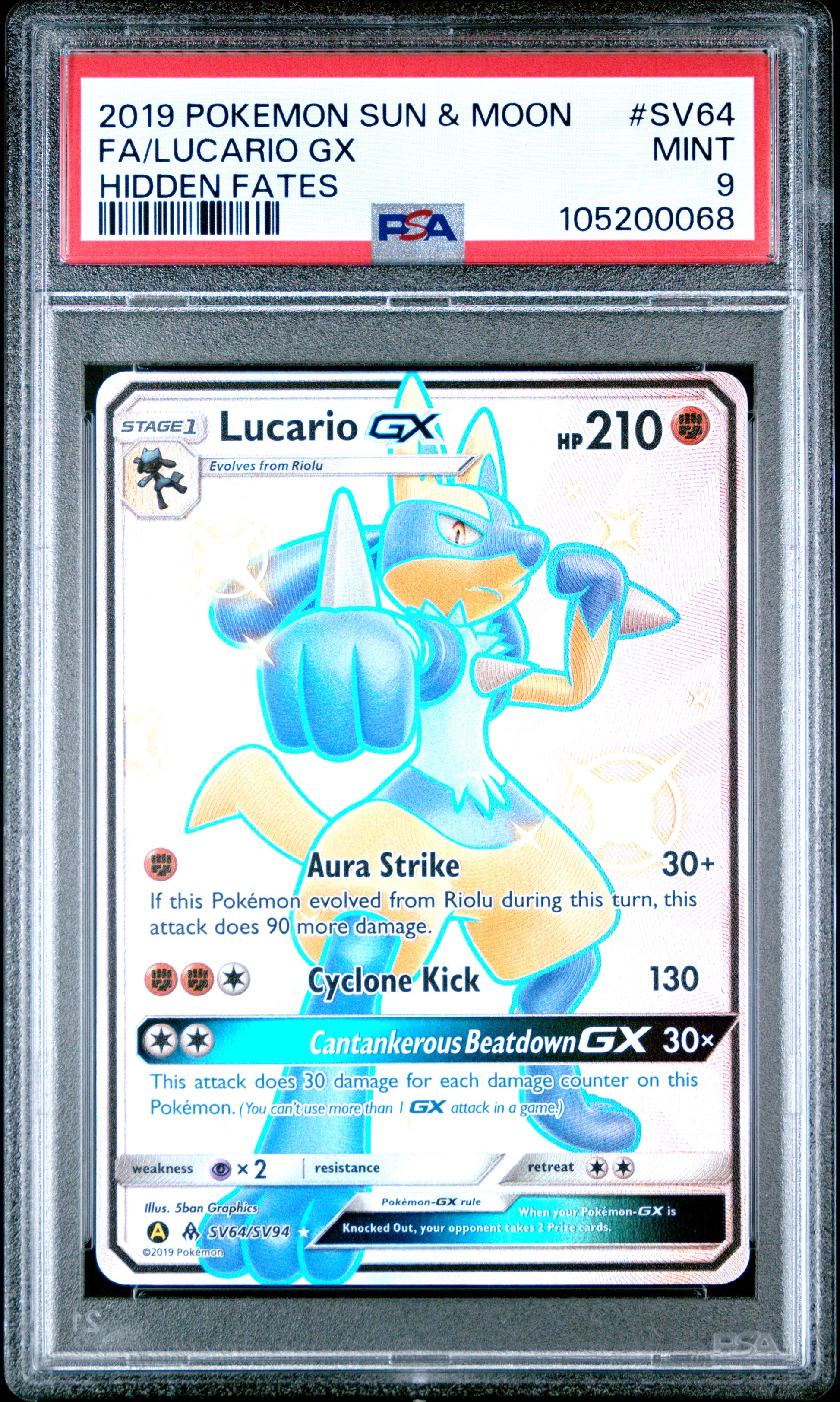 FA/LUCARIO GX SV64/SV94 Common POKEMON SUN & MOON HIDDEN FATES HIDDEN FATES PSA9 MINT 9 PSA population 2042 <a href=https://www.psacard.com/cert/105200068/psa>https://www.psacard.com/cert/105200068/psa</a>