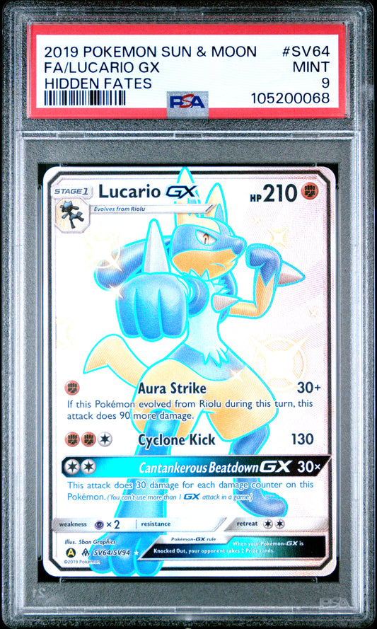FA/LUCARIO GX SV64/SV94 Common POKEMON SUN & MOON HIDDEN FATES HIDDEN FATES PSA9 MINT 9 PSA population 2042 <a href=https://www.psacard.com/cert/105200068/psa>https://www.psacard.com/cert/105200068/psa</a>