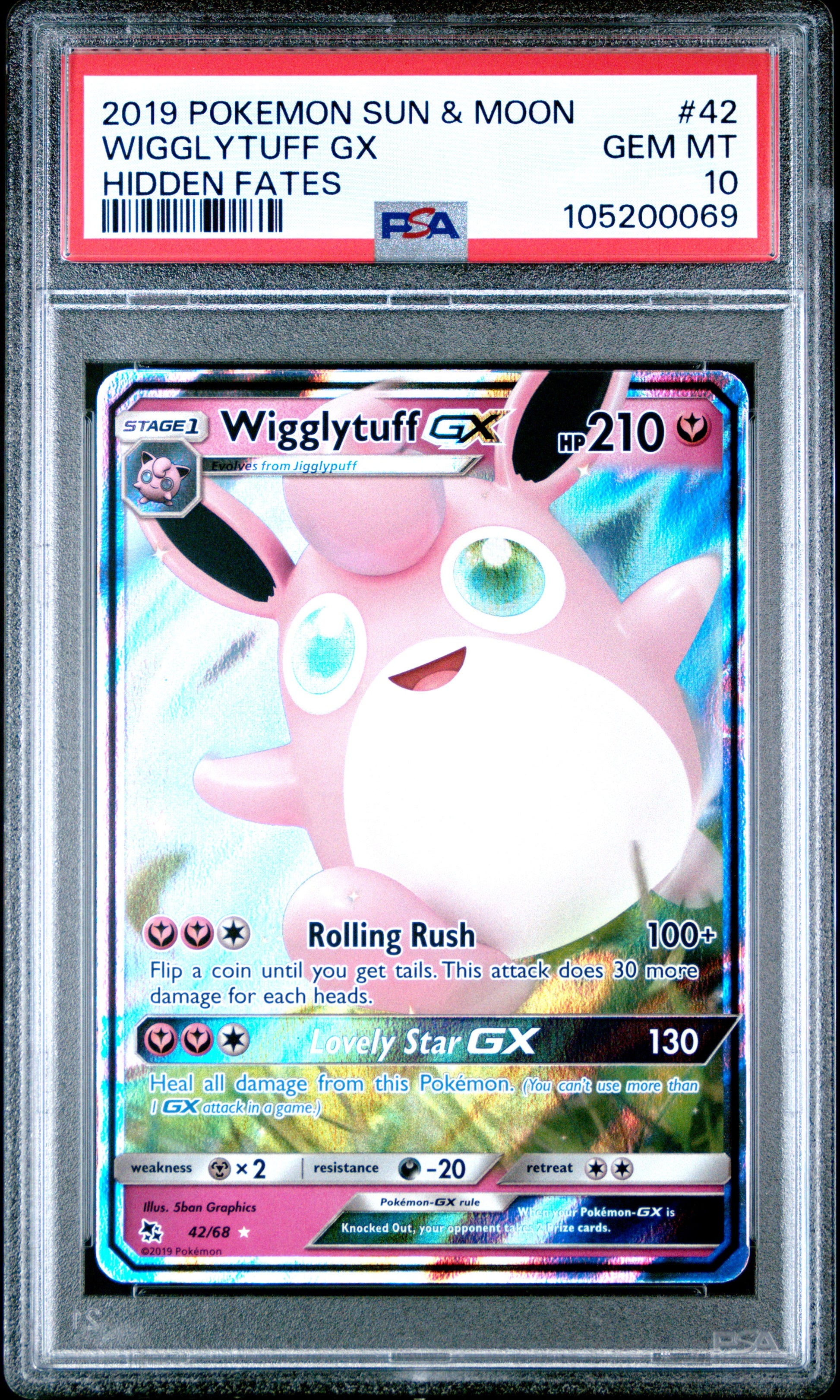 WIGGLYTUFF GX 42/68 Common POKEMON SUN & MOON HIDDEN FATES HIDDEN FATES PSA10 GEM MT 10 PSA population 871 <a href=https://www.psacard.com/cert/105200069/psa>https://www.psacard.com/cert/105200069/psa</a>