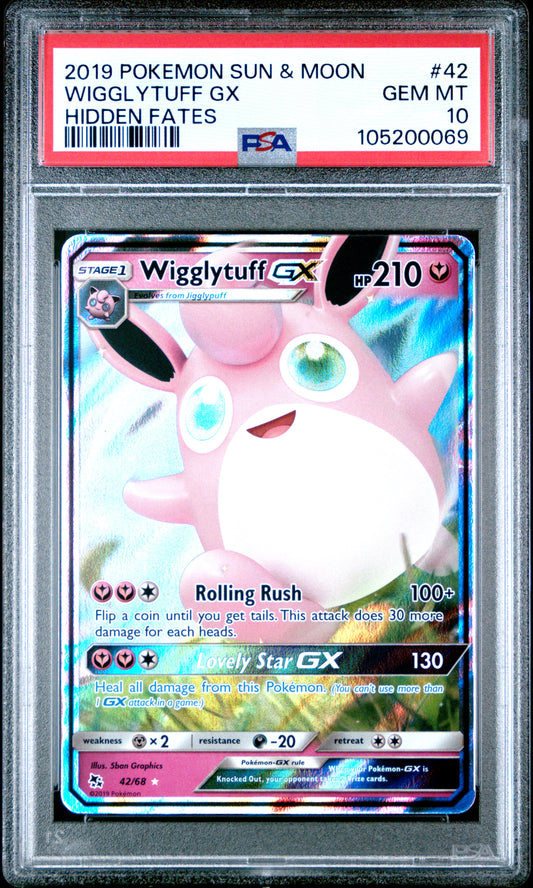 WIGGLYTUFF GX 42/68 Common POKEMON SUN & MOON HIDDEN FATES HIDDEN FATES PSA10 GEM MT 10 PSA population 871 <a href=https://www.psacard.com/cert/105200069/psa>https://www.psacard.com/cert/105200069/psa</a>