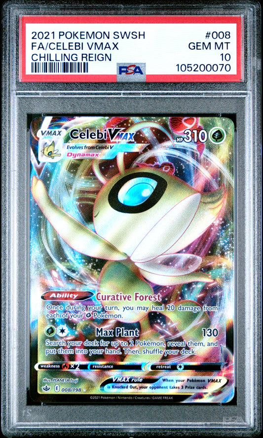 FA/CELEBI VMAX 8/198 Common POKEMON SWORD & SHIELD CHILLING REIGN CHILLING REIGN PSA10 GEM MT 10 PSA population 301 <a href=https://www.psacard.com/cert/105200070/psa>https://www.psacard.com/cert/105200070/psa</a>