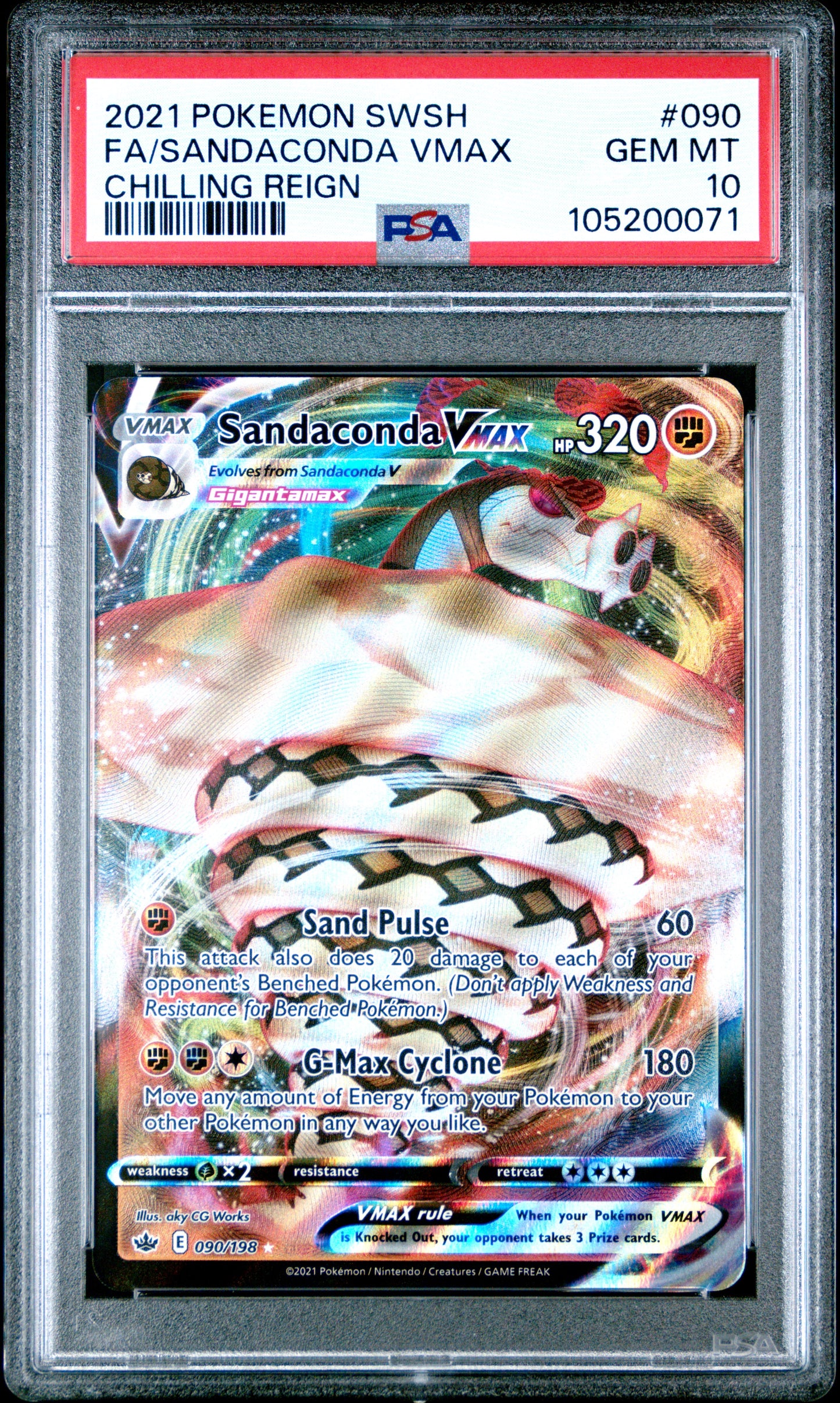 FA/SANDACONDA VMAX 90/198 Common POKEMON SWORD & SHIELD CHILLING REIGN CHILLING REIGN PSA10 GEM MT 10 PSA population 110 <a href=https://www.psacard.com/cert/105200071/psa>https://www.psacard.com/cert/105200071/psa</a>