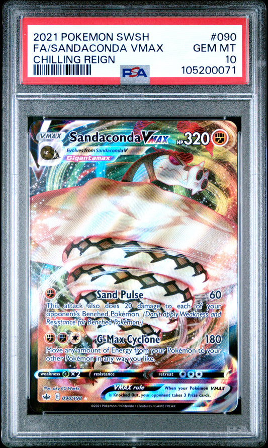 FA/SANDACONDA VMAX 90/198 Common POKEMON SWORD & SHIELD CHILLING REIGN CHILLING REIGN PSA10 GEM MT 10 PSA population 110 <a href=https://www.psacard.com/cert/105200071/psa>https://www.psacard.com/cert/105200071/psa</a>