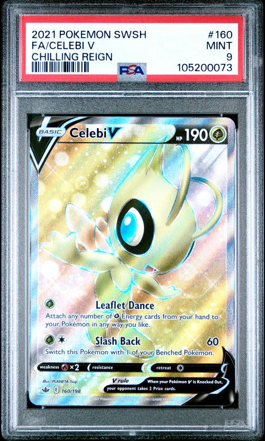 FA/CELEBI V 160/198 Common POKEMON SWORD & SHIELD CHILLING REIGN CHILLING REIGN PSA9 MINT 9 PSA population 160 <a href=https://www.psacard.com/cert/105200073/psa>https://www.psacard.com/cert/105200073/psa</a>