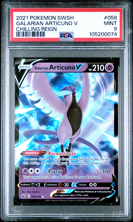 GALARIAN ARTICUNO V 58/198 Common POKEMON SWORD & SHIELD CHILLING REIGN CHILLING REIGN PSA9 MINT 9 PSA population 92 <a href=https://www.psacard.com/cert/105200074/psa>https://www.psacard.com/cert/105200074/psa</a>