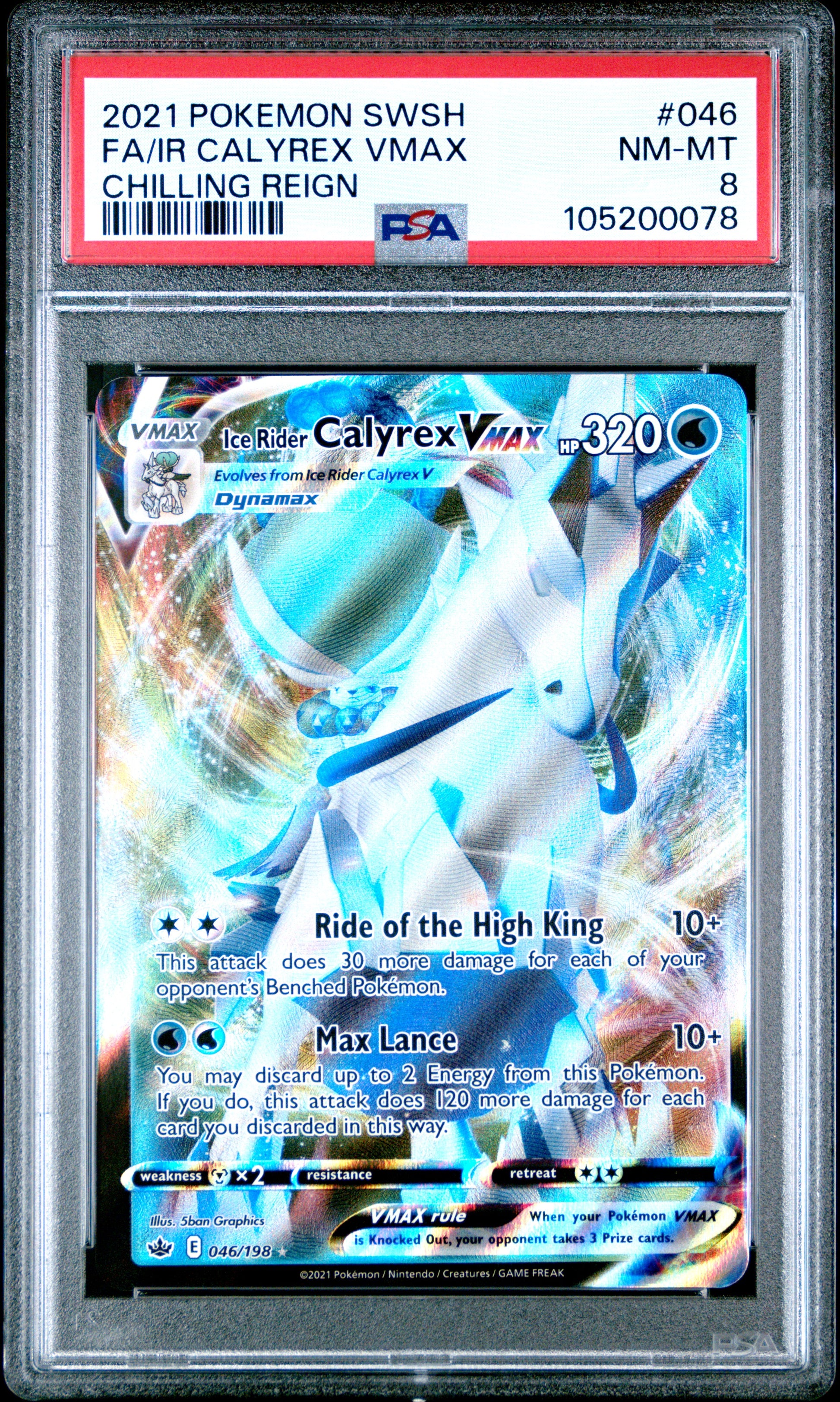 FA/IR CALYREX VMAX 46/198 Common POKEMON SWORD & SHIELD CHILLING REIGN CHILLING REIGN PSA8 NM-MT 8 PSA population 41 <a href=https://www.psacard.com/cert/105200078/psa>https://www.psacard.com/cert/105200078/psa</a>