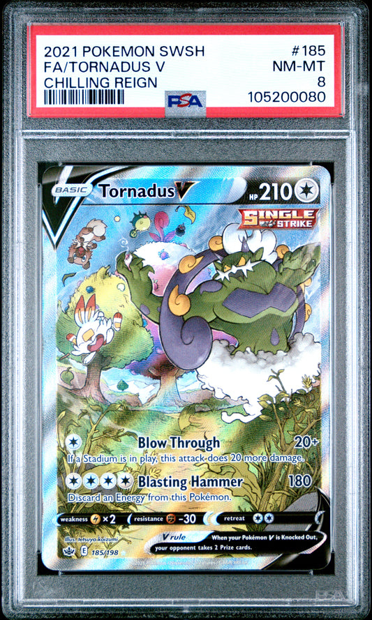 FA/TORNADUS V 185/198 Common POKEMON SWORD & SHIELD CHILLING REIGN CHILLING REIGN PSA8 NM-MT 8 PSA population 105 <a href=https://www.psacard.com/cert/105200080/psa>https://www.psacard.com/cert/105200080/psa</a>