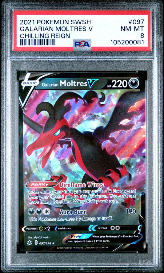 GALARIAN MOLTRES V 97/198 Common POKEMON SWORD & SHIELD CHILLING REIGN CHILLING REIGN PSA8 NM-MT 8 PSA population 22 <a href=https://www.psacard.com/cert/105200081/psa>https://www.psacard.com/cert/105200081/psa</a>
