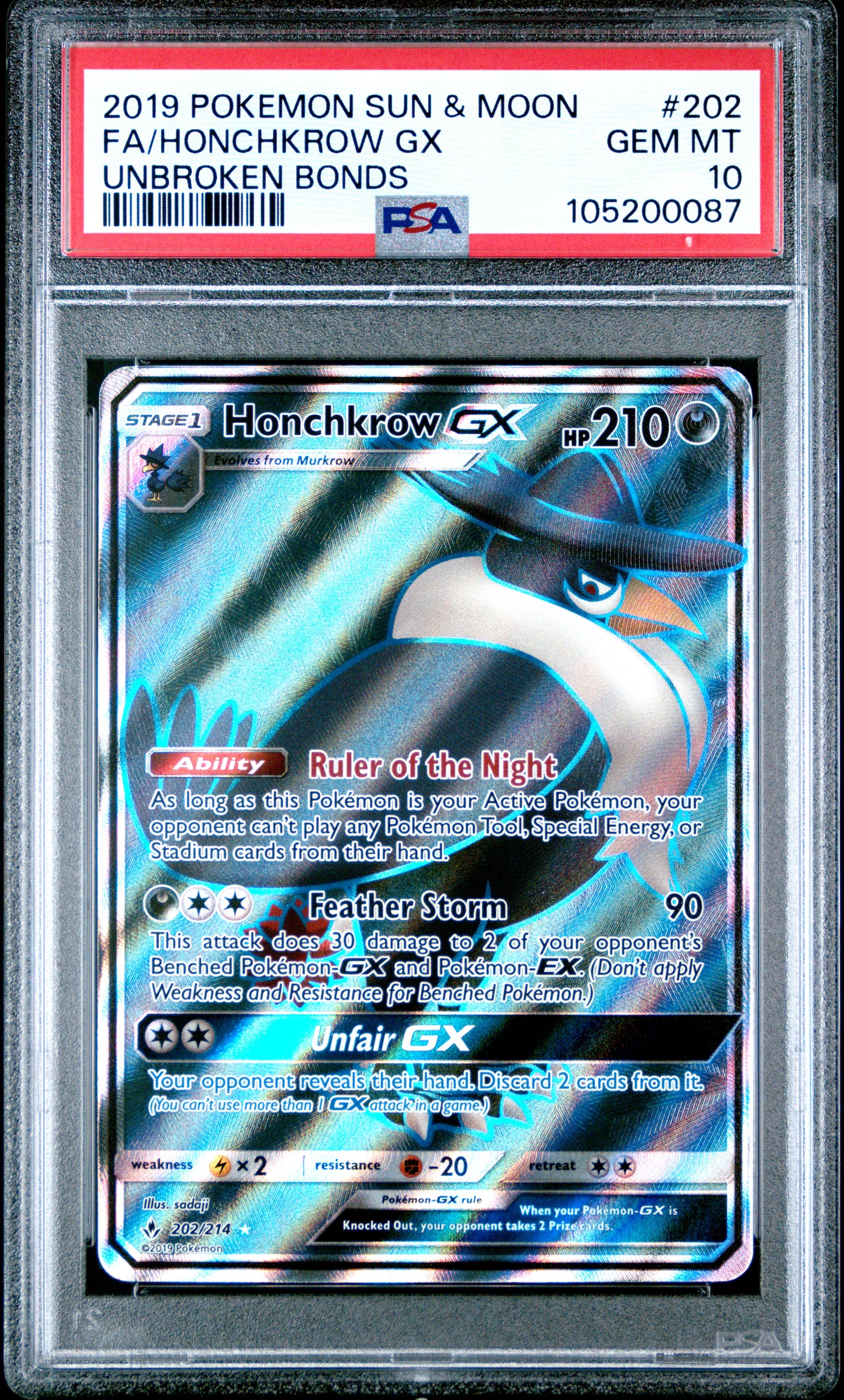 FA/HONCHKROW GX 202/214 Common POKEMON SUN & MOON UNBROKEN BONDS UNBROKEN BONDS PSA10 GEM MT 10 PSA population 82 <a href=https://www.psacard.com/cert/105200087/psa>https://www.psacard.com/cert/105200087/psa</a>