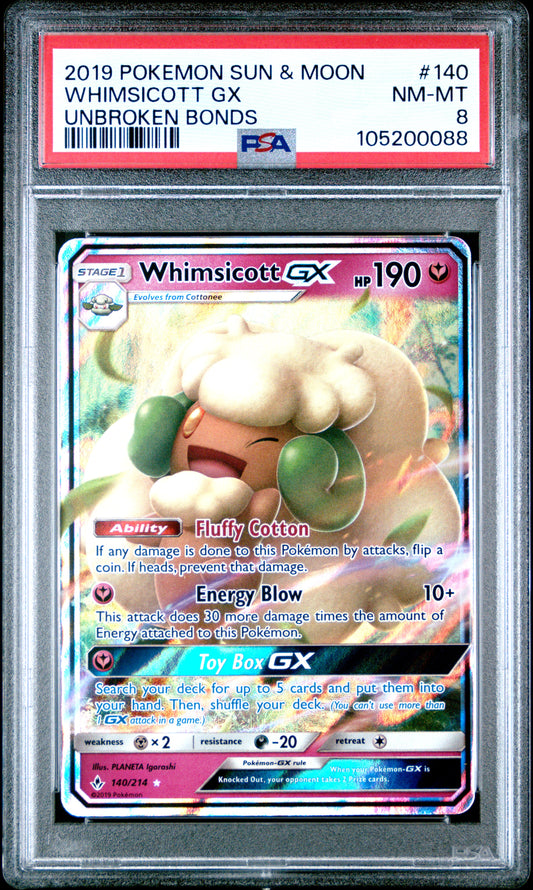 WHIMSICOTT GX 140/214 Common POKEMON SUN & MOON UNBROKEN BONDS UNBROKEN BONDS PSA8 NM-MT 8 PSA population 15 <a href=https://www.psacard.com/cert/105200088/psa>https://www.psacard.com/cert/105200088/psa</a>
