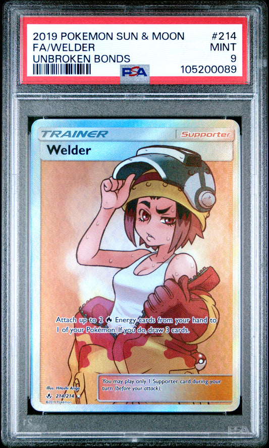 FA/WELDER 214/214 Common POKEMON SUN & MOON UNBROKEN BONDS UNBROKEN BONDS PSA9 MINT 9 PSA population 409 <a href=https://www.psacard.com/cert/105200089/psa>https://www.psacard.com/cert/105200089/psa</a>