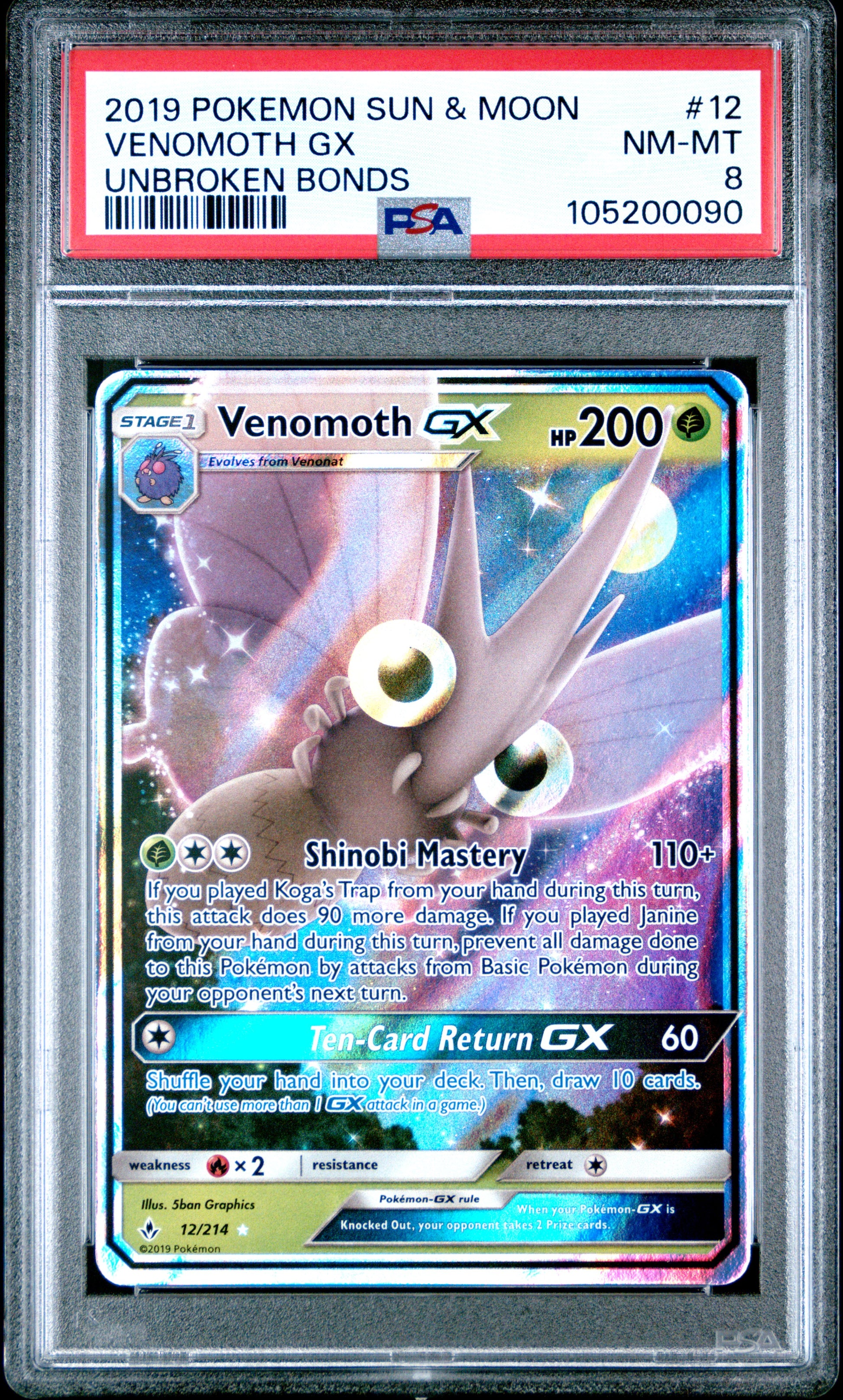VENOMOTH GX 12/214 Common POKEMON SUN & MOON UNBROKEN BONDS UNBROKEN BONDS PSA8 NM-MT 8 PSA population 18 <a href=https://www.psacard.com/cert/105200090/psa>https://www.psacard.com/cert/105200090/psa</a>