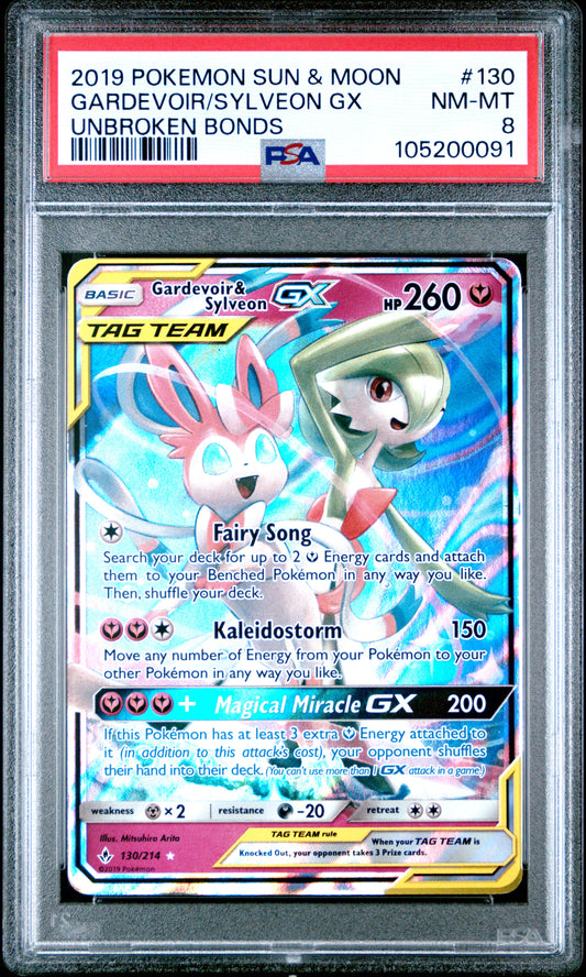 GARDEVOIR/SYLVEON GX 130/214 Common POKEMON SUN & MOON UNBROKEN BONDS UNBROKEN BONDS PSA8 NM-MT 8 PSA population 164 <a href=https://www.psacard.com/cert/105200091/psa>https://www.psacard.com/cert/105200091/psa</a>