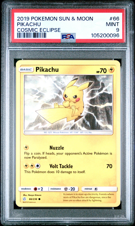 PIKACHU 66/236 Common POKEMON SUN & MOON COSMIC ECLIPSE COSMIC ECLIPSE PSA9 MINT 9 PSA population 80 <a href=https://www.psacard.com/cert/105200096/psa>https://www.psacard.com/cert/105200096/psa</a>