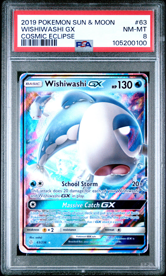 WISHIWASHI GX 63/236 Common POKEMON SUN & MOON COSMIC ECLIPSE COSMIC ECLIPSE PSA8 NM-MT 8 PSA population 13 <a href=https://www.psacard.com/cert/105200100/psa>https://www.psacard.com/cert/105200100/psa</a>