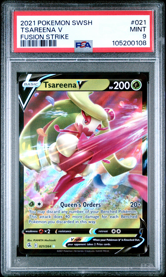 TSAREENA V 21/264 Common POKEMON SWORD & SHIELD FUSION STRIKE FUSION STRIKE PSA9 MINT 9 PSA population 24 <a href=https://www.psacard.com/cert/105200108/psa>https://www.psacard.com/cert/105200108/psa</a>
