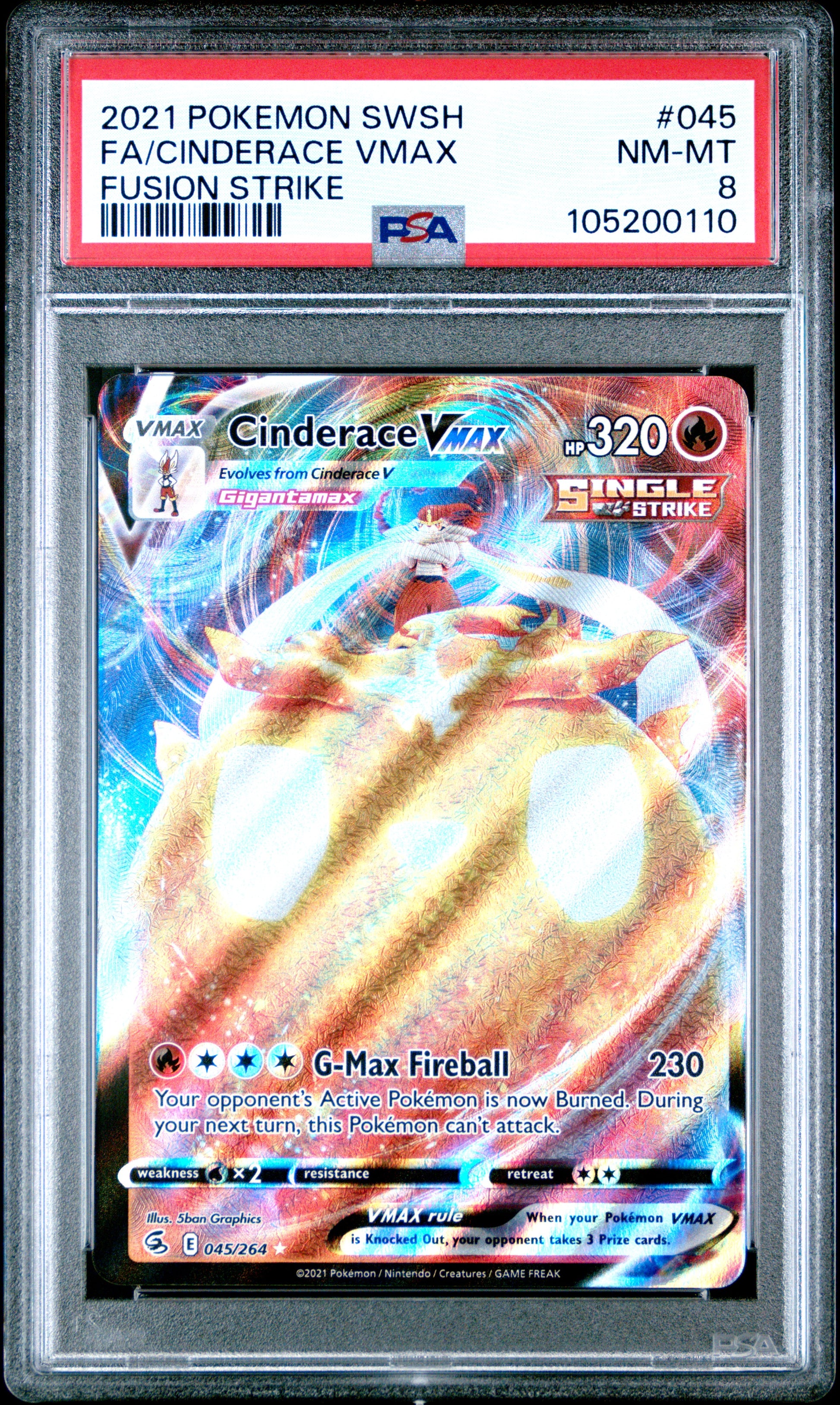 FA/CINDERACE VMAX 45/264 Common POKEMON SWORD & SHIELD FUSION STRIKE FUSION STRIKE PSA8 NM-MT 8 PSA population 26 <a href=https://www.psacard.com/cert/105200110/psa>https://www.psacard.com/cert/105200110/psa</a>