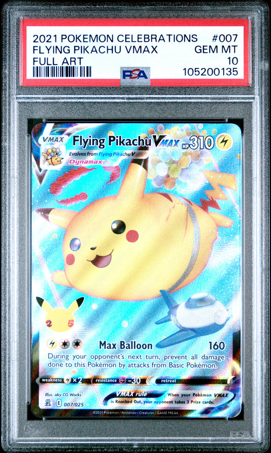FLYING PIKACHU VMAX 7/25 Common POKEMON CELEBRATIONS FULL ART PSA10 GEM MT 10 PSA population 3841 <a href=https://www.psacard.com/cert/105200135/psa>https://www.psacard.com/cert/105200135/psa</a>