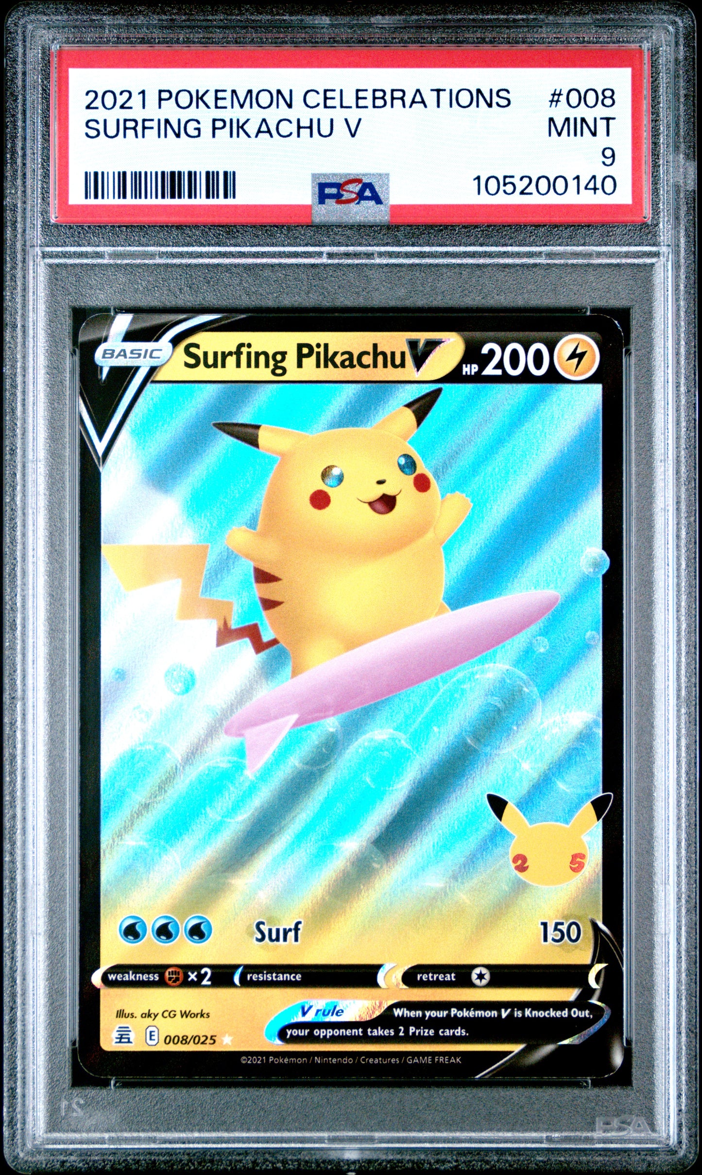 SURFING PIKACHU V 8/25 Common POKEMON CELEBRATIONS PSA9 MINT 9 PSA population 1024 <a href=https://www.psacard.com/cert/105200140/psa>https://www.psacard.com/cert/105200140/psa</a>