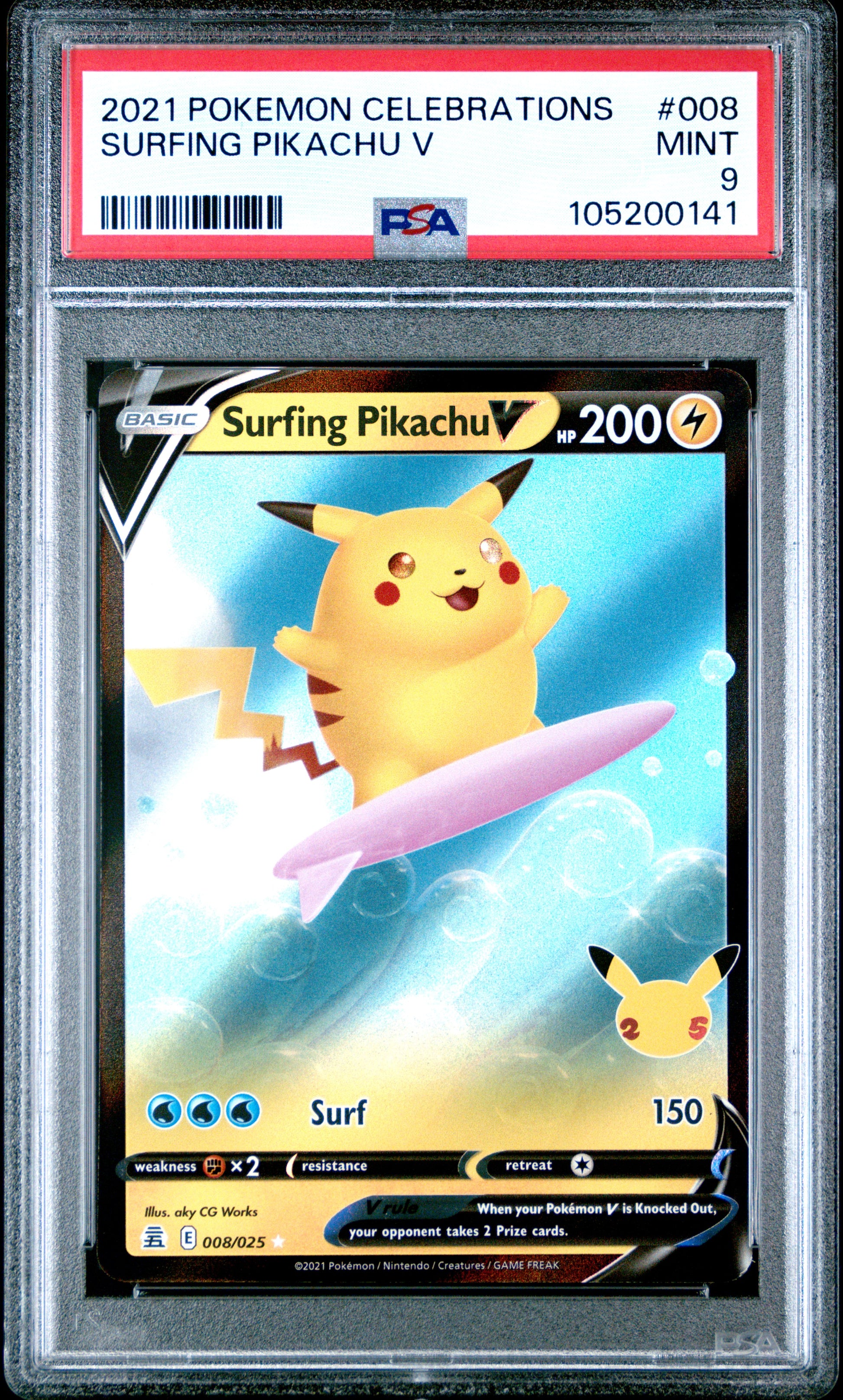 SURFING PIKACHU V 8/25 Common POKEMON CELEBRATIONS PSA9 MINT 9 PSA population 1024 <a href=https://www.psacard.com/cert/105200141/psa>https://www.psacard.com/cert/105200141/psa</a>