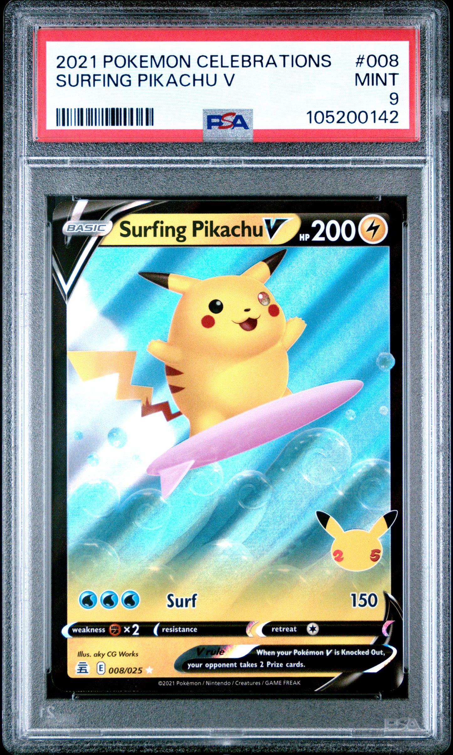 SURFING PIKACHU V 8/25 Common POKEMON CELEBRATIONS PSA9 MINT 9 PSA population 1024 <a href=https://www.psacard.com/cert/105200142/psa>https://www.psacard.com/cert/105200142/psa</a>