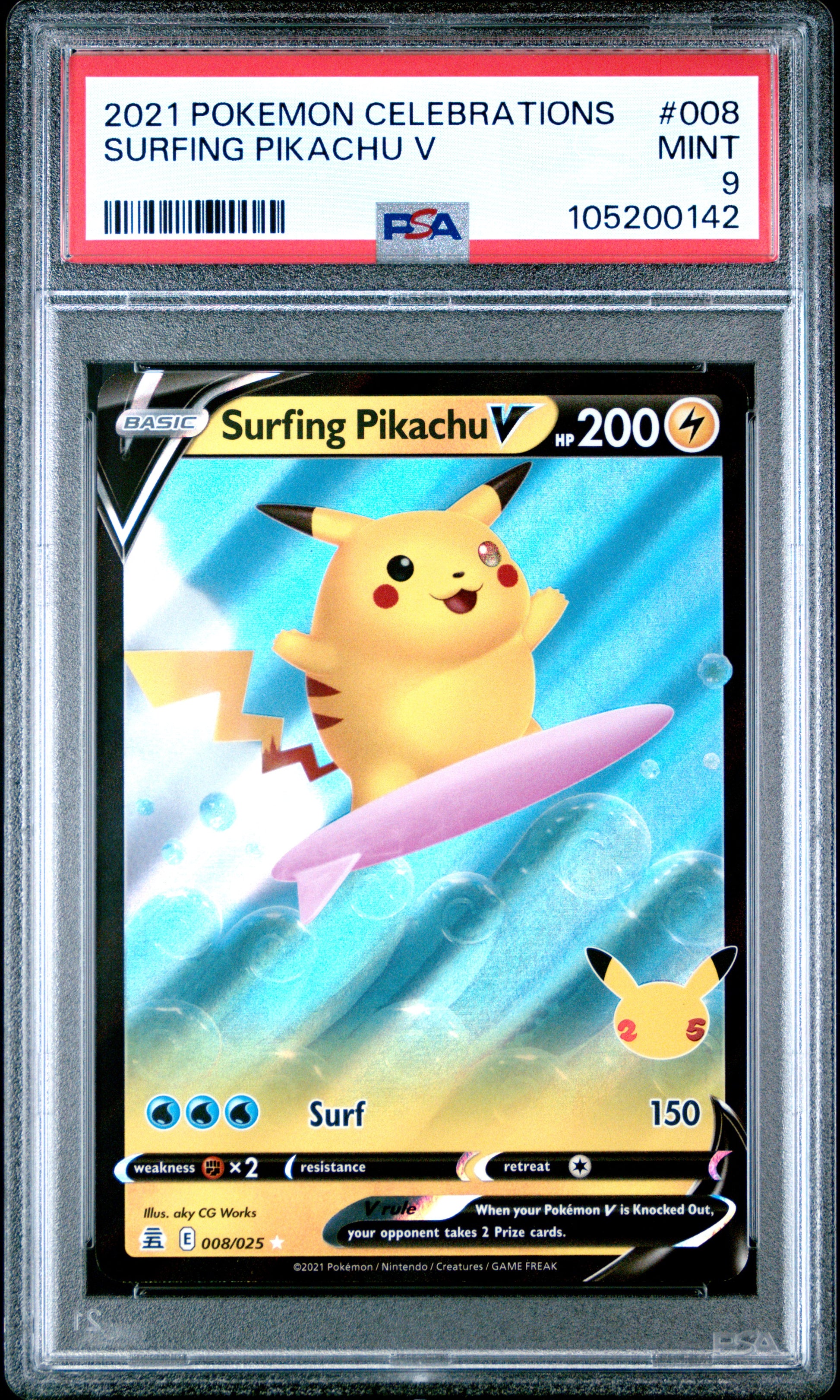 SURFING PIKACHU V 8/25 Common POKEMON CELEBRATIONS PSA9 MINT 9 PSA population 1024 <a href=https://www.psacard.com/cert/105200142/psa>https://www.psacard.com/cert/105200142/psa</a>