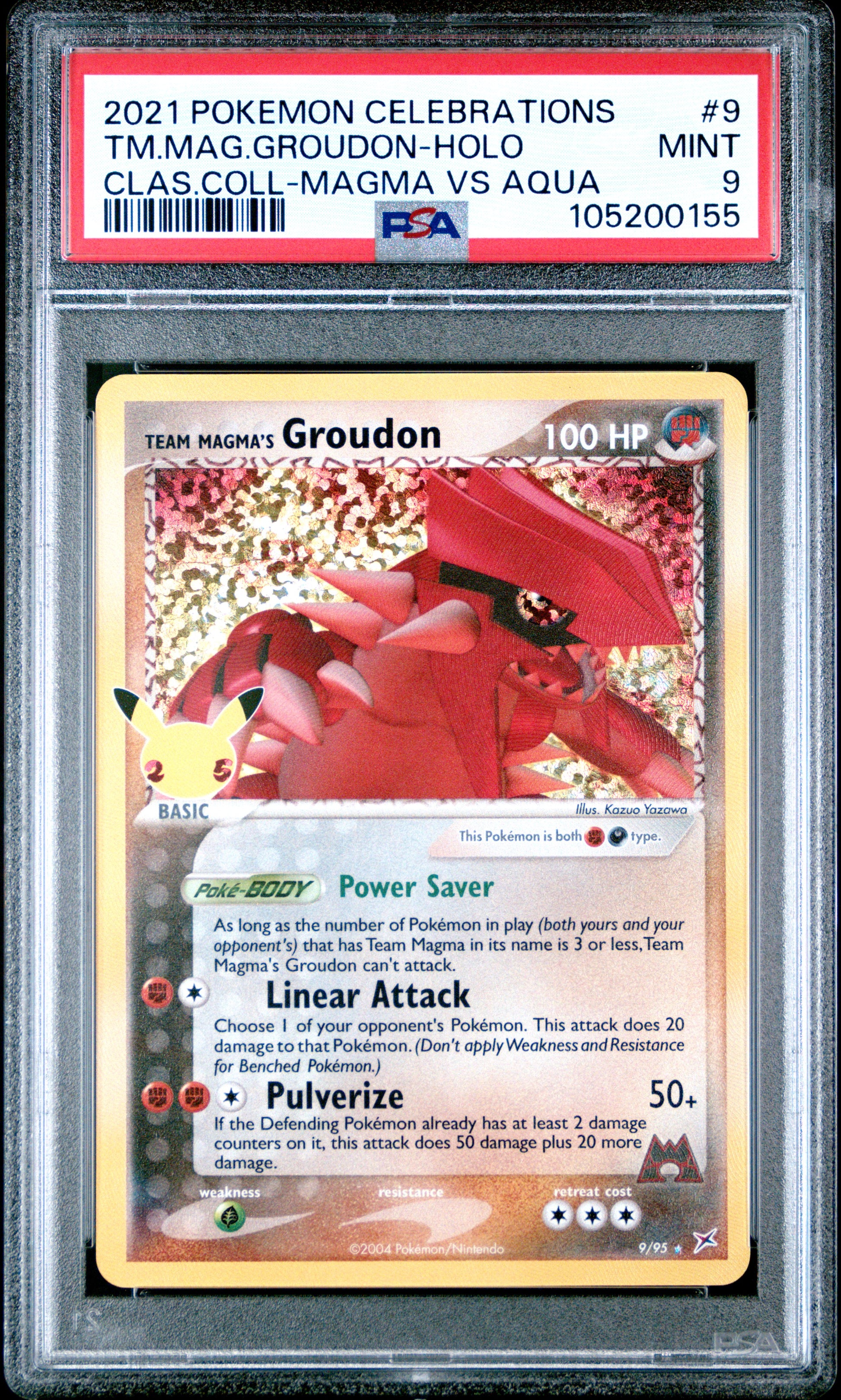 TM.MAG.GROUDON-HOLO 9/95 Common POKEMON CELEBRATIONS CLASSIC COLLECTION CLAS.COLL-MAGMA VS AQUA PSA9 MINT 9 PSA population 722 <a href=https://www.psacard.com/cert/105200155/psa>https://www.psacard.com/cert/105200155/psa</a>