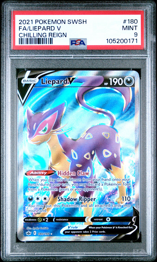 FA/LIEPARD V 180/198 Common POKEMON SWORD & SHIELD CHILLING REIGN CHILLING REIGN PSA9 MINT 9 PSA population 31 <a href=https://www.psacard.com/cert/105200171/psa>https://www.psacard.com/cert/105200171/psa</a>