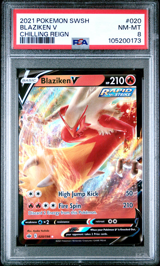 BLAZIKEN V 20/198 Common POKEMON SWORD & SHIELD CHILLING REIGN CHILLING REIGN PSA8 NM-MT 8 PSA population 15 <a href=https://www.psacard.com/cert/105200173/psa>https://www.psacard.com/cert/105200173/psa</a>