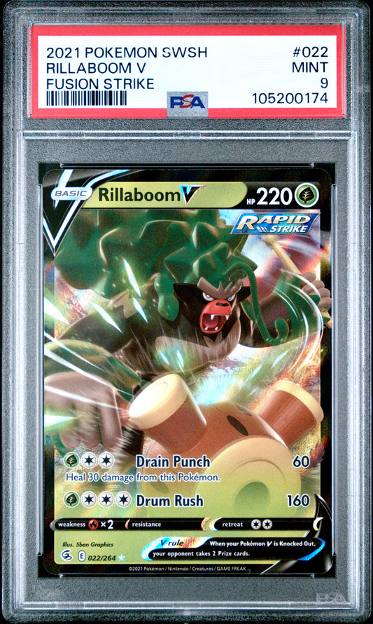 RILLABOOM V 22/264 Common POKEMON SWORD & SHIELD FUSION STRIKE FUSION STRIKE PSA9 MINT 9 PSA population 38 <a href=https://www.psacard.com/cert/105200174/psa>https://www.psacard.com/cert/105200174/psa</a>